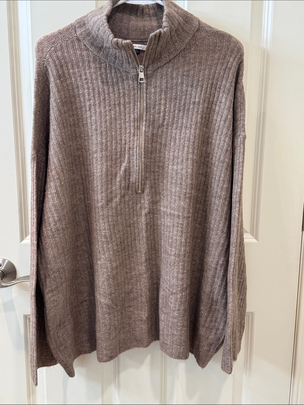 American Eagle Outfitters Ribbed Half-Zip Sweater in Taupe